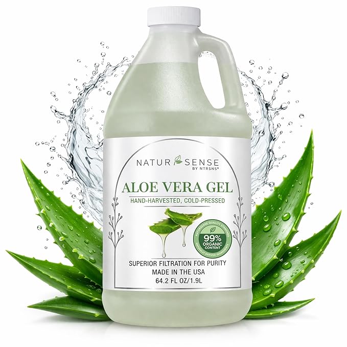 NTRSNS NaturSense 99% Organic Aloe Vera Gel 64.2 oz, Cold Pressed Pure Aloe for Face, Hair, Scalp, Sunburn, Dry Skin, Sensitive Skin, DIY Skincare, Unscented Refill Bottle. Made in USA