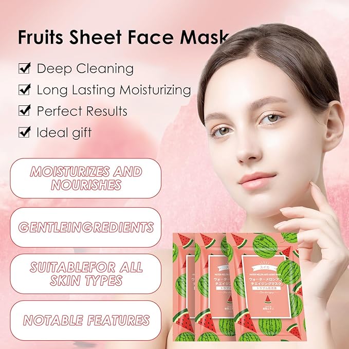 Hydrating Facial Masks Skincare for Women,Watermelon Face Mask Sheet Skincare,Moisturizing Face Mask for All Skin Types (10-Packs)