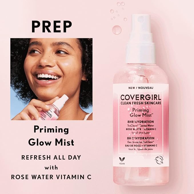 COVERGIRL Clean Fresh Skincare Priming Glow Facial Mist with Rose Water and Vitamin C, 3.3 Fl Oz (Pack of 2)