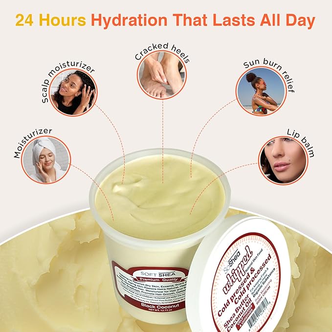 SoShea Whipped Shea Butter Black Coconut - Nourishes, Moisturizes & Renews | 100% African Pure Shea Butter | Cold-Pressed & Cold-Processed | No Dyes & Parabens | Vegan | 11.50oz / 326oz