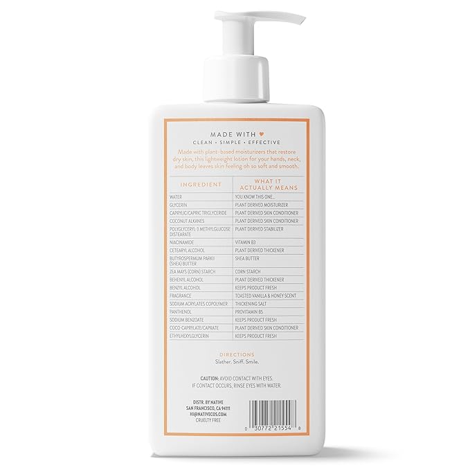 Native Body Lotion Contains Naturally Derived Plant-Based Moisturizers for Women and Men | Restores Dry Skin, Toasted Vanilla & Honey, 16.5 fl oz
