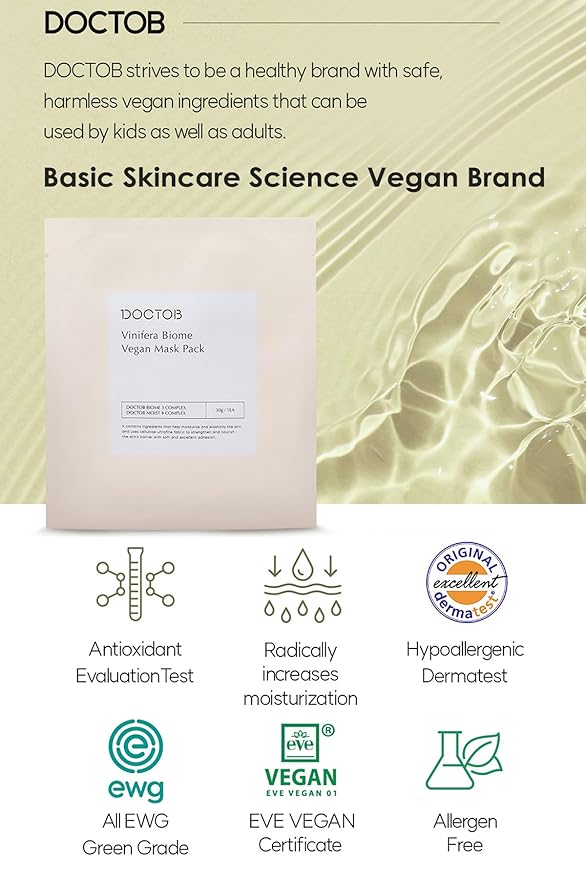 DOCTOB Vinifera Biome Vegan Mask Pack - 1 bottle ampoule in 1 Sheet/Revitalize & Nourish Your Skin with a 100% Vegan Formula (5-Pack)