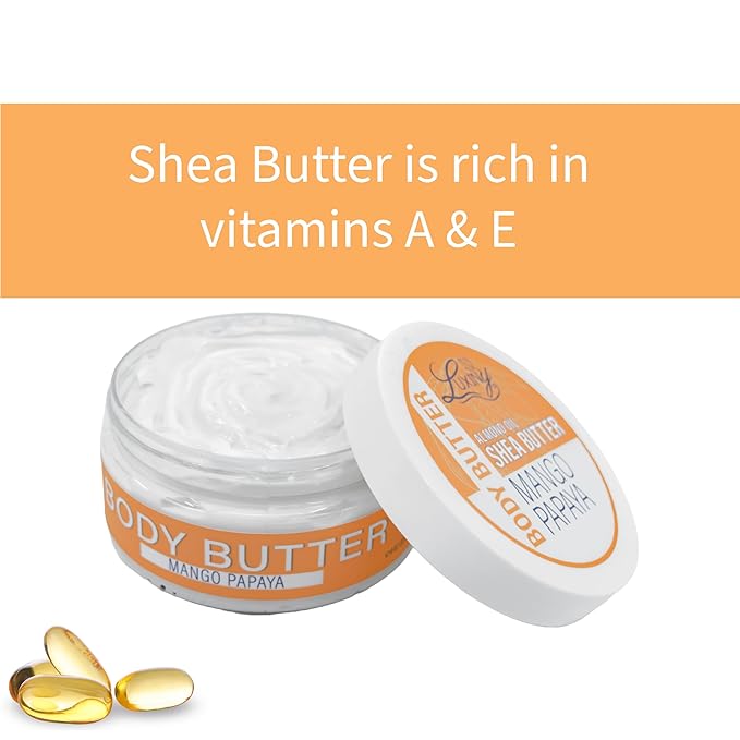 Luxiny Whipped Body Butter for Women & Men – Non-Greasy, Plant-Based Moisturizer with Shea Butter & Essential Oils – Hydrates, Softens & Nourishes Dry Skin (8 oz, Mango Papaya)