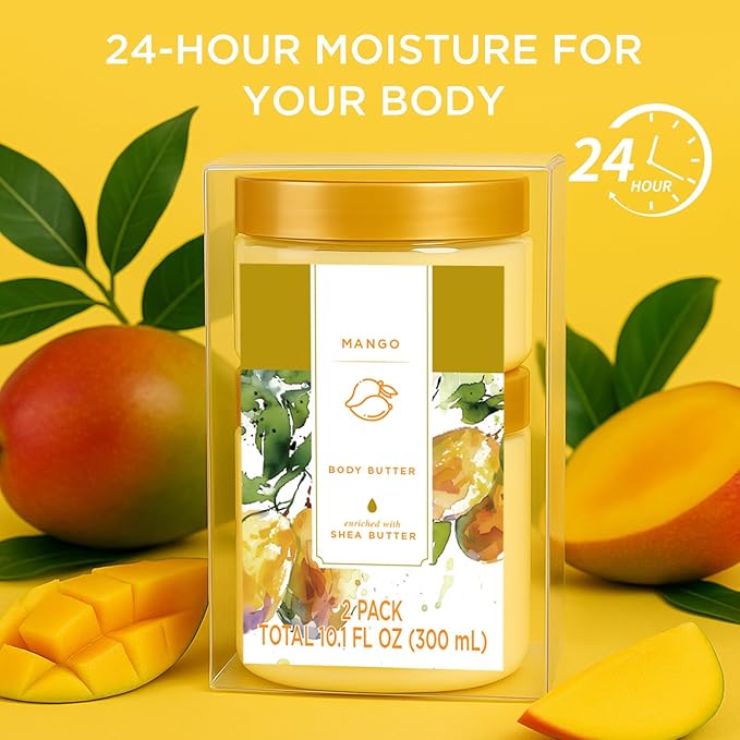 Princess Belle Mango Body Butter, Body Moisturizer for Dry Skin, Body Butter for Women Smell Good, Mango Gifts for Women-2 Pack (3.4floz + 6.8 floz)