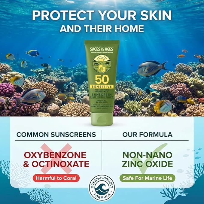 Organic Tallow Mineral Sunscreen SPF 50 with Non-Nano Zinc Oxide — Reef Safe UVA/UVB Broad Spectrum Sunblock, Water Resistant 80 Min, Moisturizing Lotion for Face & Body, 3.4 fl oz