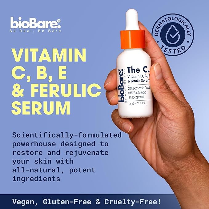 bioBare® Vitamin C, B, E & Ferulic Serum | 20% Pure Vitamin C Facial Serum with Hyaluronic Acid, Niacinamide & Ferulic Acid | L-Ascorbic Acid Serum for Dark Spots, Fine Lines, Wrinkles, Uneven Skin