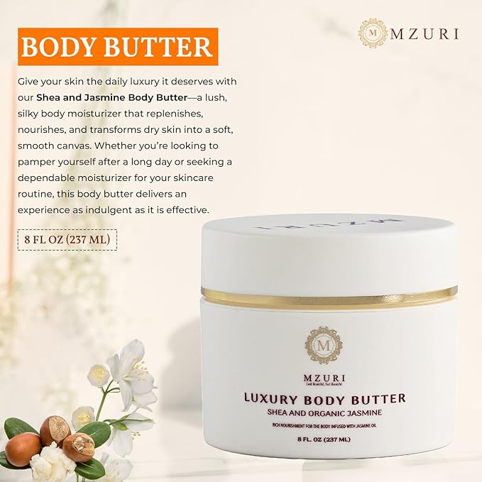 MZURI Body Butter, Whipped Shea and Jasmine Blend, Fast-Absorbing, Deep Moisturizing Cream with Essential Oils, Non-Greasy, Natural Skincare for Dry, Glowing Skin, Organic Butter - 8 Fl. Oz