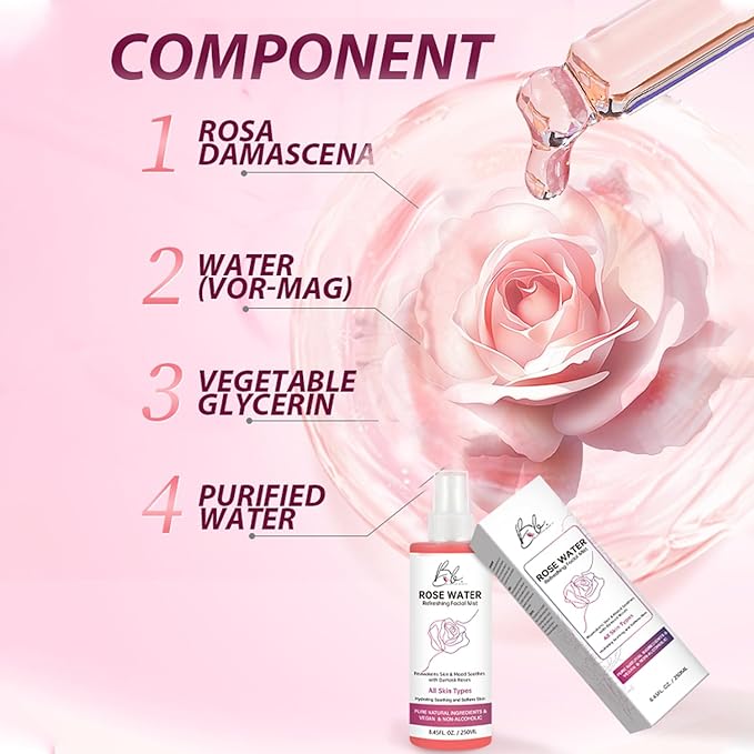 Rosewater Refreshing Facial Mist – Hydrating, Soothing & Softening Spray with Damask Roses & Glycerin – Pure Natural Ingredients, Vegan, Alcohol-Free, All Skin Types, 8.45 fl oz