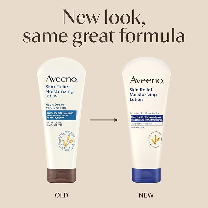 Aveeno Skin Relief Moisturizing Lotion Heals Very Dry, Sensitive Skin, Fast-Absorbing Body Lotion with Soothing Triple Oat & Shea Butter Formula, Fragrance Free, Non-Comedogenic, 8 oz
