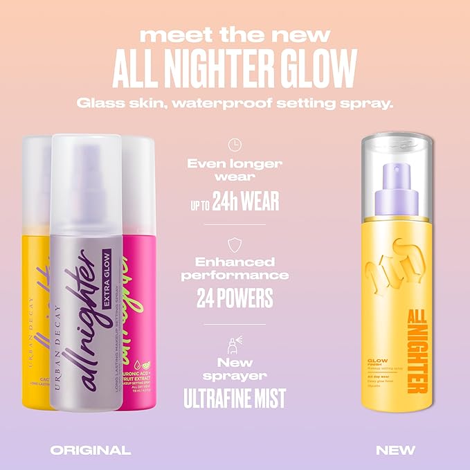 Urban Decay All Nighter Waterproof Makeup Setting Spray - Glass-Skin Glow Finish, Up to 24HR Wear, Ultra-Fine Facial Mist, Dewy Foundation Face Primer, Smudge-Proof, Transfer-Resistant - 4 fl oz