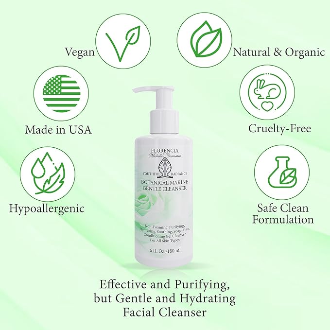 Florencia Botanical Marine Gentle Cleanser – Hydrating Non-Foaming Face Wash with Marine Algae & Aloe Vera, Gentle Purifying Facial Cleanser for Dry, Normal & Sensitive Skin, 6 Fl Oz