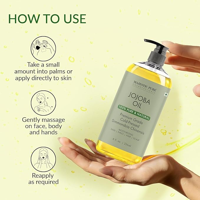 Majestic Pure Jojoba Oil - 100% Pure & Natural - Premium Grade, Cold-Pressed, Hexane-Free Carrier Oil for Skin, Hair and Body - Moisturizing Skin, Hair and Scalp - 8 Fl Oz