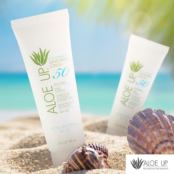 Aloe Up White Collection SPF 50 | Sunscreen Lotion for Face & Body with Aloe Vera Gel | Water Resistant up to 80 Minutes | Reef Friendly, Non Greasy, Fast Absorbing | Coco Mango Fragrance 4 Oz