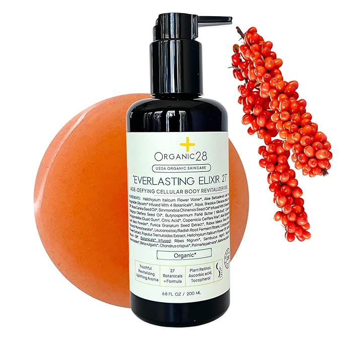 ORGANIC28+. 100% Organic Body Lotion – USA Made. 27 Botanicals Helichrysum Body Serum. Rejuvenating Body Moisturizer. Natural Body Lotion For Women With Plant Retinol. Aromatherapy. 6.8 Fl. Oz