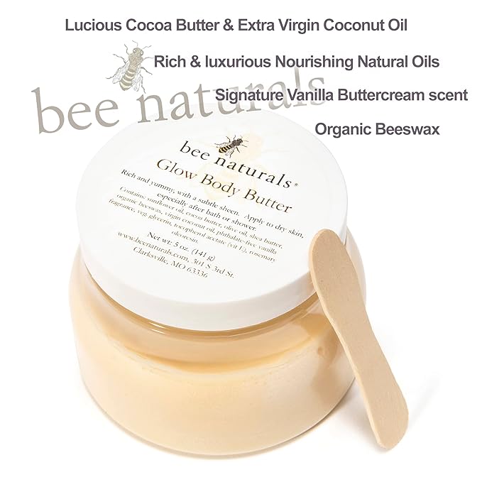 Bee Naturals Glow Body Butter – Shea & Cocoa Butter Blend for Deep Hydration, Radiant Skin, and Lasting Moisture – Infused with Organic Oils, Beeswax & Vanilla Mango Scent 5Oz – Cruelty-Free