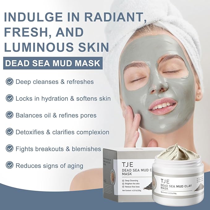 TJE Dead Sea Mud Mask, Deep Cleansing Facial Clay Mask for Acne, Blackheads, Minimize Pores, Moisturizing, Purifying Clay Masks for Dull & Tired Skin