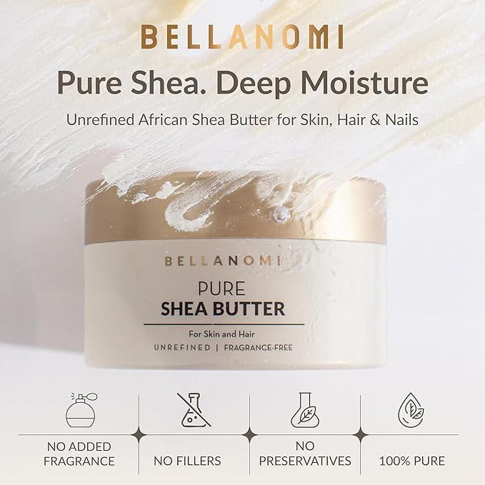 Bellanomi 100% Pure African Raw Shea Butter for Hair & Skin, Organic Formula, Unscented, Moisturizing, Body Butter for Dry Skin, Hair and Nails (3.4 oz)