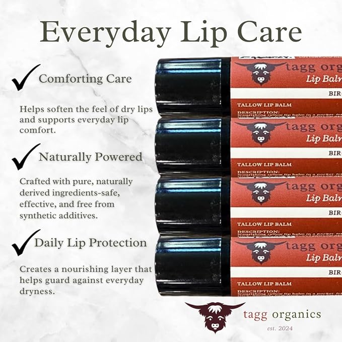 Birch Tallow Lip Balm – Certified Organic Grass-Fed Tallow, Deep Conditioning for Dry, Chapped Lips, 4-Pack (.15 oz Tubes)