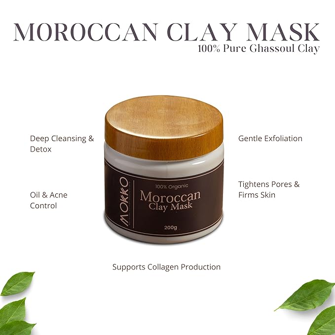 Mokko Moroccan Active Clay Mask – 100% Pure Ghassoul Clay | Detoxifying Face, Hair & Body Mask – Deep Cleansing, Oil Control & Skin Firming – 200g