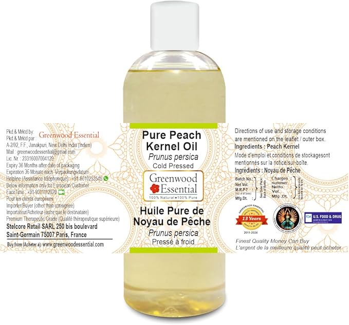 Greenwood Essential Pure Peach Kernel Oil (Prunus persica) Cold Pressed 200ml (6.76 oz)