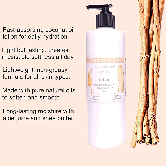 Blossom to Bath Sandalwood Amber Lotion (16 ounce) - Phthalate Free Fragrance - Absorbs Quickly with a Woodsy Warm Scent