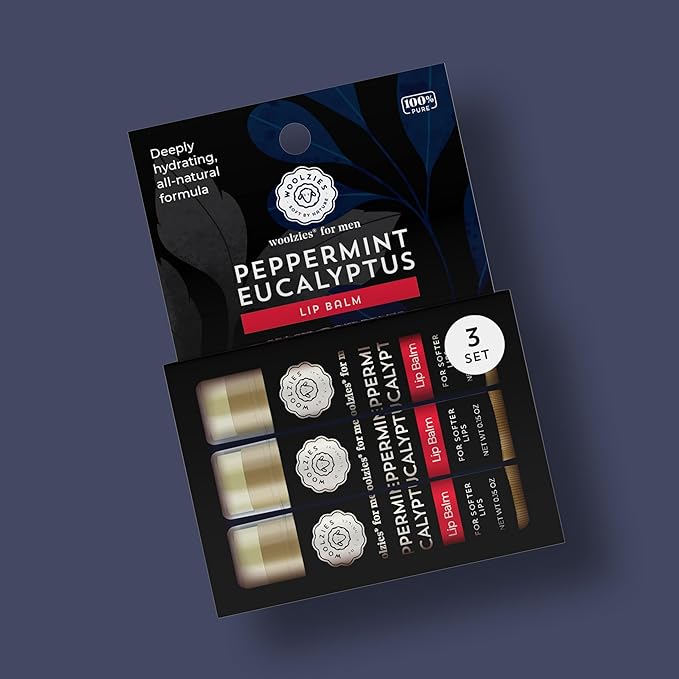 All-Natural Lip Balms for Men - Peppermint Eucalyptus Flavor - Infused with Shea Butter, Beeswax, Coconut Oil, and Vitamin E for Soft, Hydrated Lips