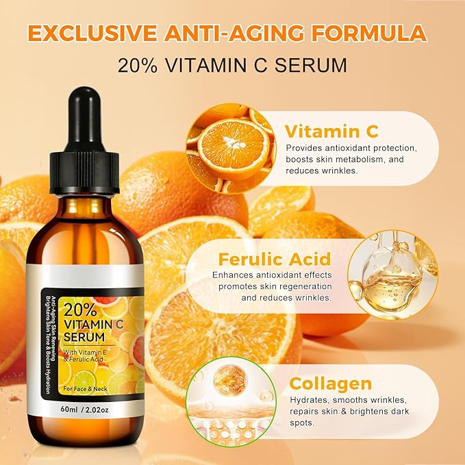 Vitamin C Serum, Pure 12% Super Vit C Serum Vitamin E & Ferulic Acid for Improving Appearance-Dark Spots, Face Moisturizer-Renewing Skin Care,2.02Fl Oz