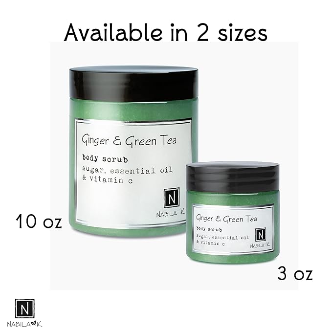Ginger & Green Tea Body Scrub Made in USA with Essential Oil and Vitamin C by Nabila K - Exfoliate and Moisturize for Smooth Skin - Luxury for Women & Men, 10 oz