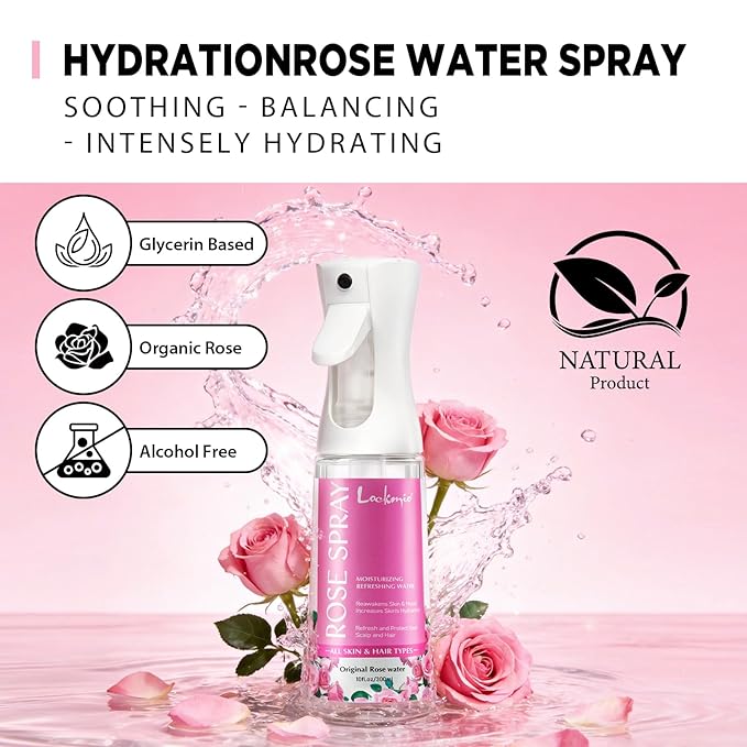 Rose Water Spray for Face & Hair - 10 Fl Oz Hydrating Face Mist for All Skin Types - Refreshing Rose Toner for Face, Skin & Hair Care, Alcohol-Free & Gentle Formula