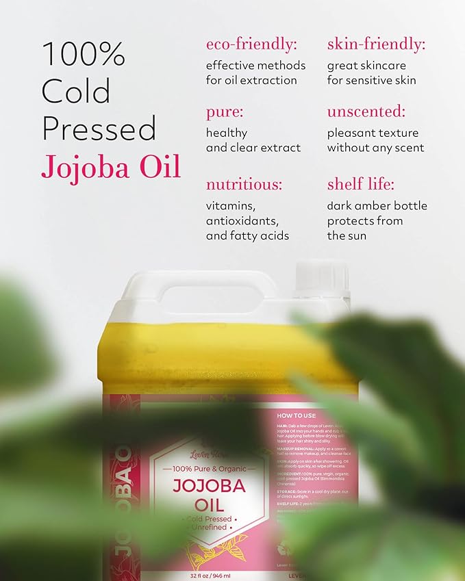 Leven Rose Organic Jojoba Oil Bulk 32 oz - 100% Pure Cold Pressed Unrefined for Skin Hair Nails Soap Making - Golden Jojoba Carrier Oil - Made in USA