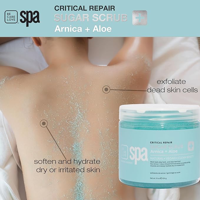 BCL Spa Critical Repair Sugar Scrub - Professional Exfoliating Body Scrub for Dry Rough Skin & Calluses with Arnica & Aloe- Self Care for Women and Men, Made in USA, 16 oz