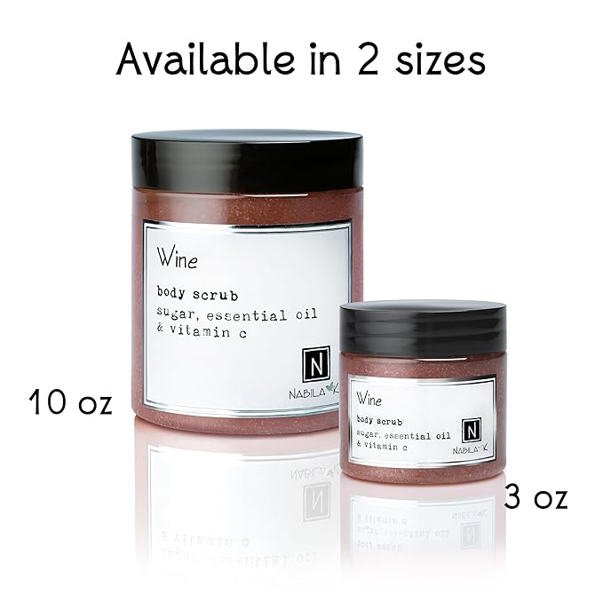Wine Body Scrub Made in USA with Essential Oil and Vitamin C by Nabila K - Exfoliate and Moisturize for Smooth Skin - Luxury for Women & Men, 10 oz