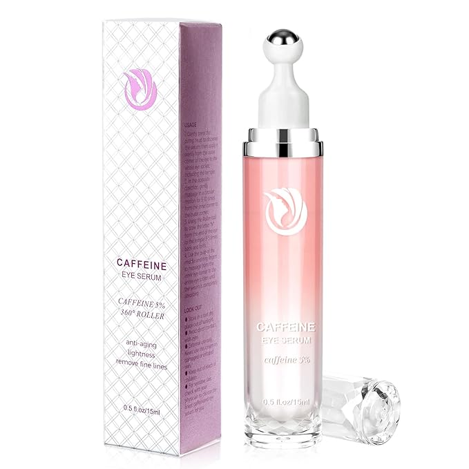 5% Caffeine Eye Serum, Cream with 360°Massage Ball for Dark Circles, Puffiness and Fine Lines, 0.5 fl.oz Under Eye Roller Cream, Efficient in Firming Eyelids