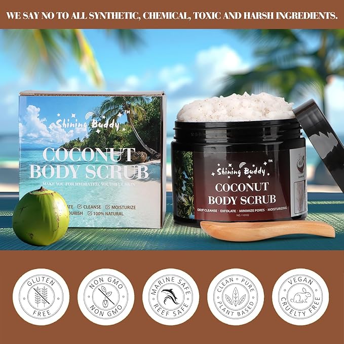 Coconut Body Scrub Exfoliator with Natural Ingredients Exfoliating Body Scrub for Women，Pure Oils and Dead Sea Salt Minerals，Moisturizing and Nourishing Skin(16.9oz)