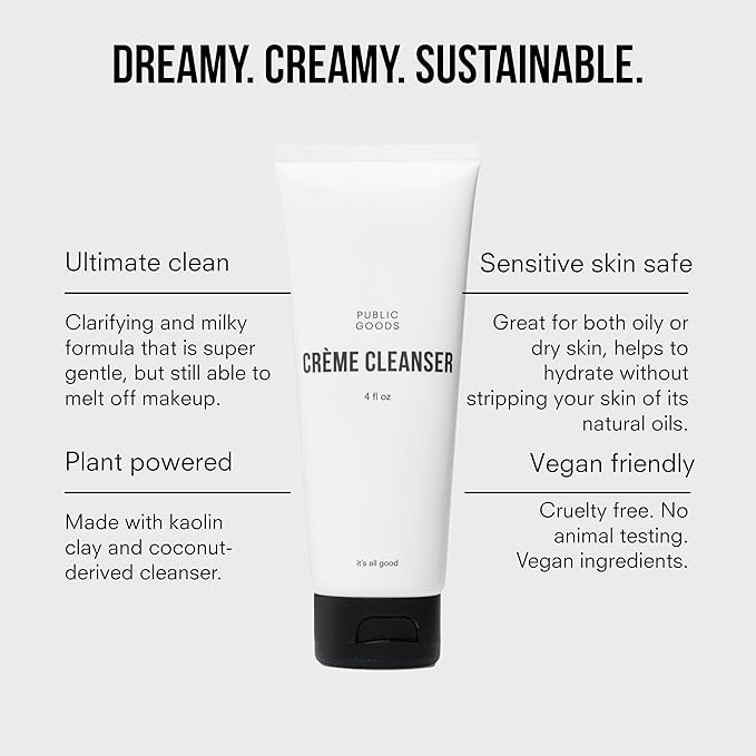 Public Goods Crème Cleanser | Natural Face Wash for Women & Men | Gentle on Sensitive Skin | Daily Hydrating Milk Cleanser | Organic Coconut Oil | Vegan | Makeup Remover | Made in USA | 4 Fl Oz