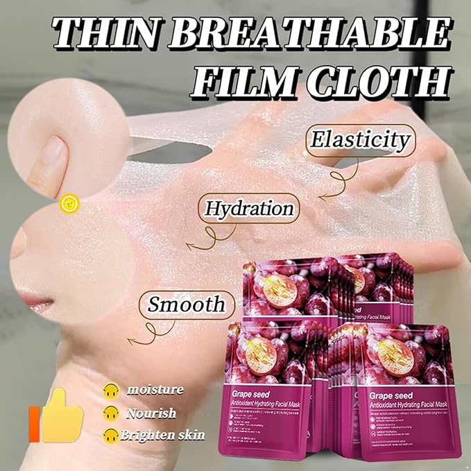Hydrating Facial Mask Sheet Set of 5, Moisturizing Face Mask for Smooth and Supple Skin, Refreshing Self Care Beauty Grape Seed One Size