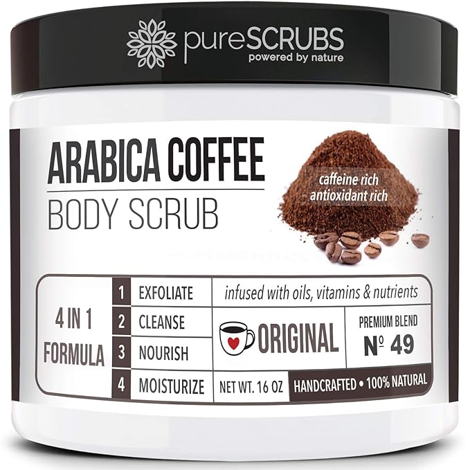 pureSCRUBS Premium Organic Arabica Coffee Body Scrub Set - ORIGINAL BLEND Large 16oz Anti Cellulite Scrub Essential Oils & Nutrients + FREE Wooden Spoon, Loofah & Mini Organic Exfoliating Bar Soap