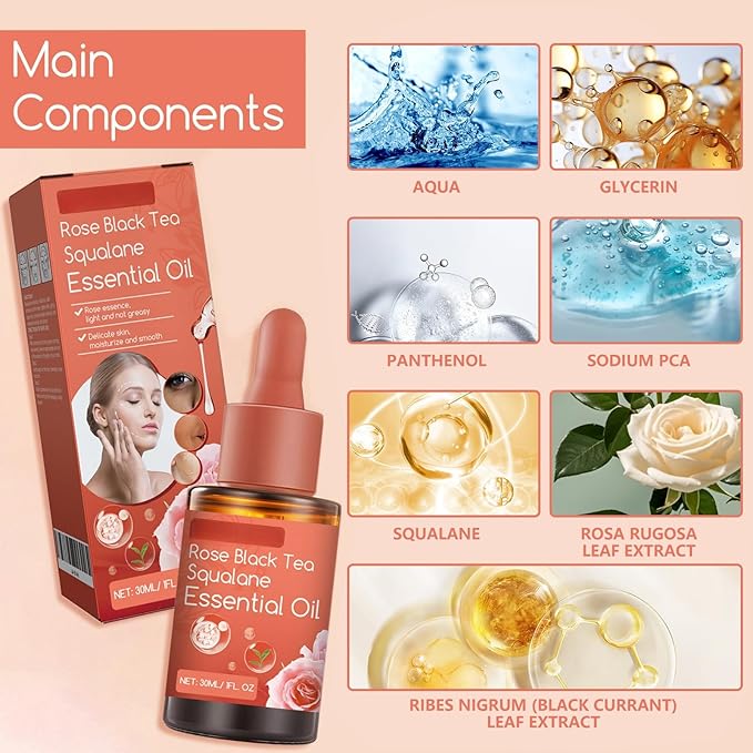 Rose Black Tea Squalane Essential Oil, Squalane Rose Oil for Face, Hydrating Facial Oil, Face Anti Aging, Reduce Wrinkles & Fine Lines, Tighten Skin, Deep Hydration