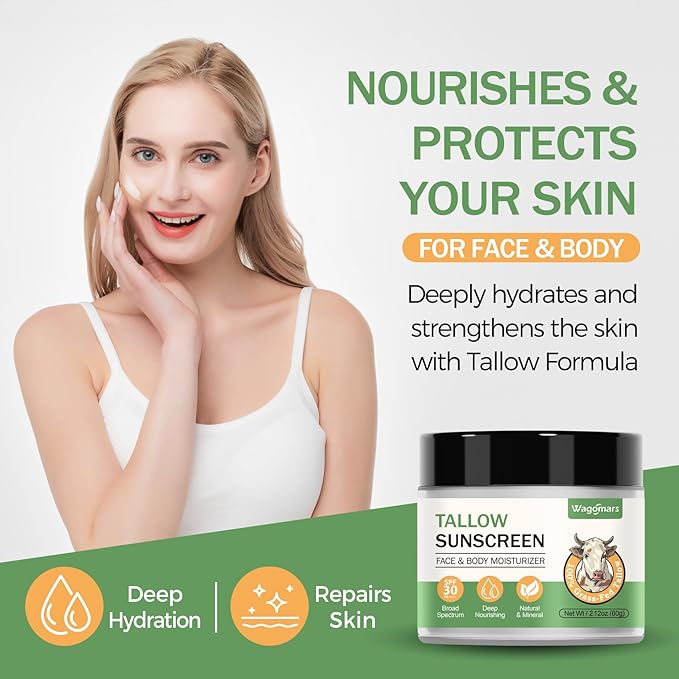 Tallow Sunscreen SPF 30 - Non-Toxic Natural Mineral Sunscreen with Zinc Oxide & Beef Tallow - Reef Safe Sunblock for Face & Body - Moisturizing for All Skin Types (Sport & Daily Use)
