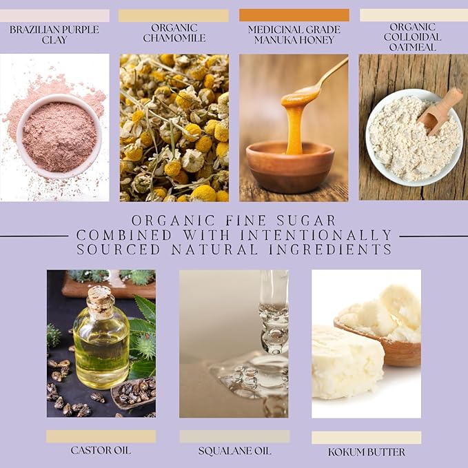 Emulsified Face Sugar Scrub, Organic squalane oil/Castor oil: infused Chamomile, Kokum Butter, Purple Clay, Colloidal Oatmeal, Manuka Honey-Gentle exfoliant: Dry/Sensitive/Acne-Prone (NURTURE)