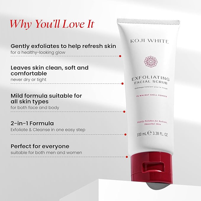 Koji White Exfoliating Facial Scrub | Kojic Acid Face Wash, Gentle Daily Scrubber & Exfoliator for Radiant with 1% Walnut Shell, AHA, Hyaluronic Acid for Uneven Skin Tone, Vegan Skincare, 3.38 Fl Oz