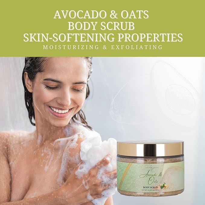 Exfoliating Sugar Body Scrub, Nourishing and Brightening Skincare Formula for Smooth, Radiant Skin, Hydrates & Revitalizes All Skin Type, 12 oz (12 OZ, Avocado & Oats)