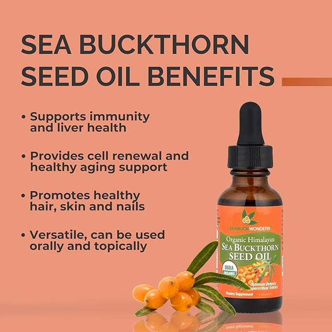 SEABUCKWONDERS Organic Sea Buckthorn Seed Oil, 1 Fl Oz, 30 Servings, with Omega 3, 6 & 9, Can Be Used Topically & Orally, Supports Hair, Skin & Nail Health