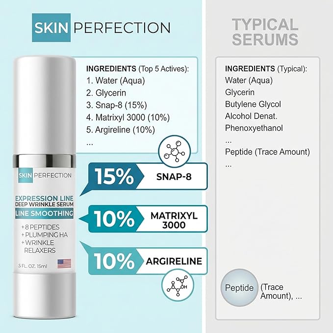 Skin Perfection Multi-Peptide Serum for Face with 8 Clinical-Strength Actives - Reduces Appearance of Expression Lines - Anti-Aging Formula with Matrixyl 3000, Argireline, Snap-8 1 oz