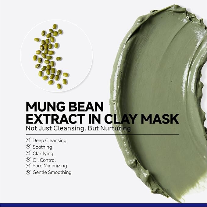 Deep Pores Cleansing Green Clay Mask for Face, Zero Pore Blackhead Mud Facial Mask with Mung Bean for Soothing Oil Control, Mud Mask with Brush for All Skin Types, 5.3 oz Large Size