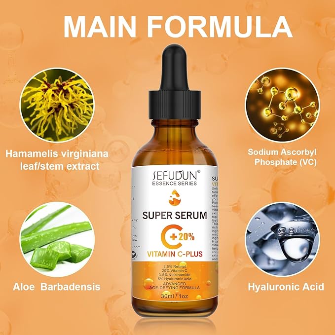 Vitamin C Serum, 20%, Retinol, Anti-Aging, For dark spots, Face Serum with Hyaluronic Acid, 1oz