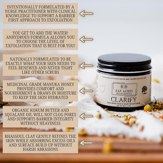 Emulsified Face Sugar Scrub, Organic squalane oil/Castor oil: Chamomile & White Willow Bark, Rhassoul Clay, Kokum Butter, Manuka Honey-Gentle exfoliant: Dry/Sensitive/Acne-Prone (CLARIFY)