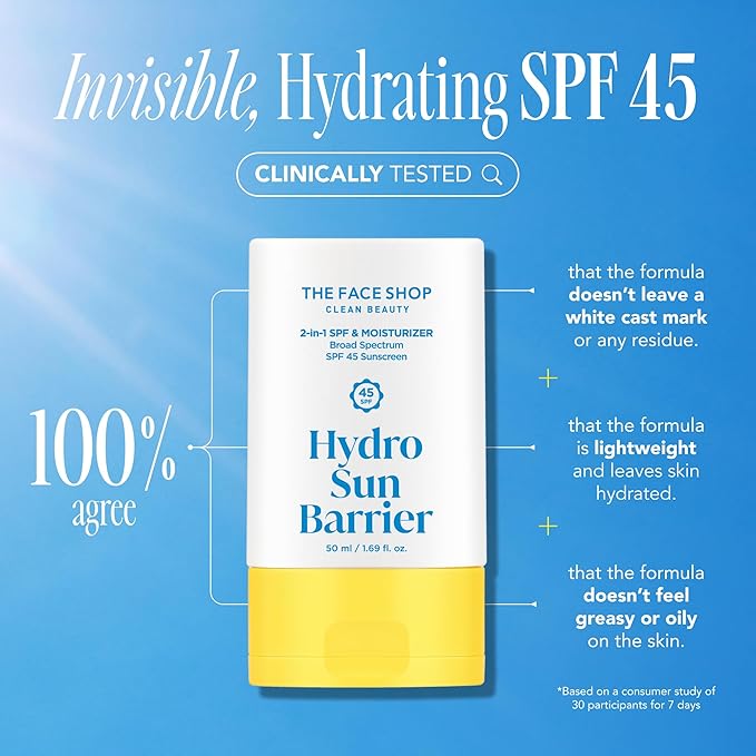 THE FACE SHOP Hydro Sun Barrier, SPF 45 Daily Facial Sunscreen & Moisturizer, for Oily Skin, Formulated with Calendula & Niacinamide, No White Cast, 1.69 Fl. Oz.