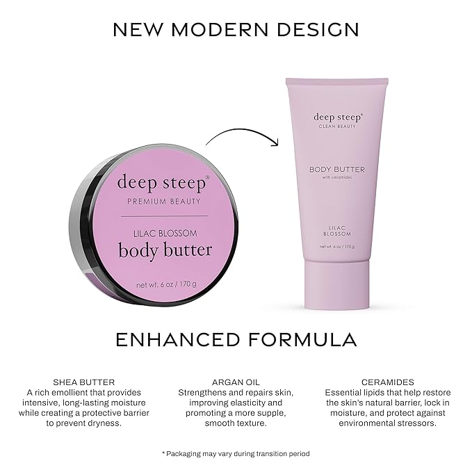 Deep Steep Body Butter, 6 oz – Rich Moisturizer with Ceramides, Coconut Oil, Argan Oil & Aloe Vera – Vegan, Clean Beauty, Smooth & Hydrated Skin (6 Ounces, Lilac Blossom)
