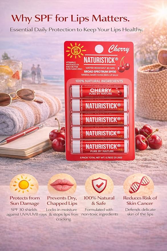 Naturistick UV Pro® Mineral SPF 30 Lip Balm – Cherry (5-Pack), Broad Spectrum Sun Protection